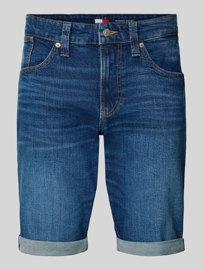 Produktfoto, Regular Fit Jeansshorts aus Baumwoll-Mix Modell 'RONNIE' von Tommy Jeans in dunkler Denim-Optik mit Kontrast-Nähte, Umschlag am Beinabschluss, 5-Pocket-Design, Label-Patch, Logo-Stitching und Nieten.
