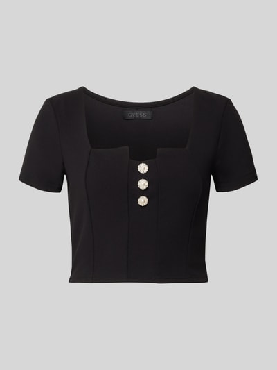 Produktfoto, Cropped T-shirt met siersteentjes Model 'Evelina' van Guess, Elastische materiaalmix, slim fit, zwarte kleur, ruglengte maat S 37 cm