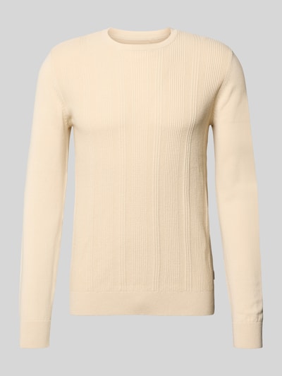Produktfoto, Slim Fit Pullover in Strick-Optik Modell 'Baron' von Blend aus reiner Baumwolle in Beige, Rundhalsausschnitt, elastische Abschlüsse.