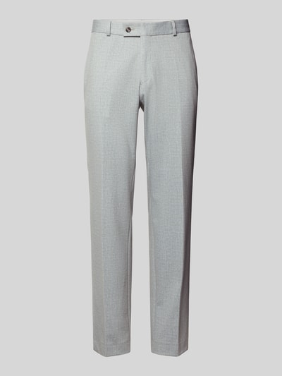 Produktfoto, Slim Fit Stoffhose mit Viskose-Anteil Modell 'Paco' von CG - Club of Gents aus Elastischer-Material-Mix mit Bügelfalten, Eingriffstaschen, Gesäßtasche, Knopf- und Reißverschluss, hellgrauer Anzug-Stoff, glatte Oberfläche, Bundweite 45 cm, Innenbeinlänge 80 cm, Größe 50.