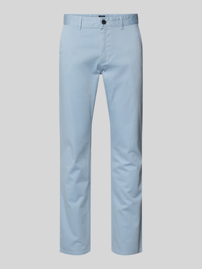 Produktfoto, hellblaue Slim Fit Chino aus Baumwoll-Mix Modell 'Chino Slim' von BOSS Orange, unifarben, Twill-Textur, seitliche und Gesäßtaschen, Knopf- und Reißverschluss.