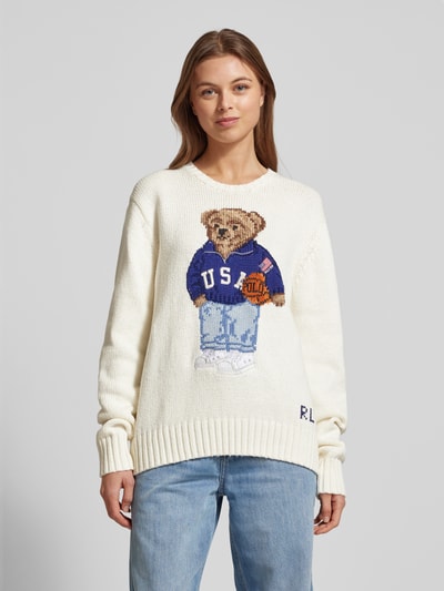 Polo Ralph Lauren Gebreide pullover met motiefstitching, model 'BBALL' Offwhite - 4