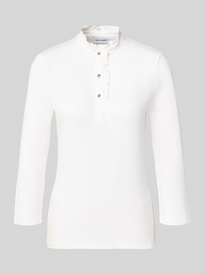 Productfoto, Blusenshirt uit viscose-elastaanmix met ruches van MORE & MORE, wit, regular fit, opstaande kraag, knoopsluiting, 3/4-mouw, damesmode.