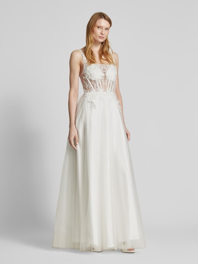 Unique Abendkleid mit Spitzen- und Paillettenbesatz Offwhite 1