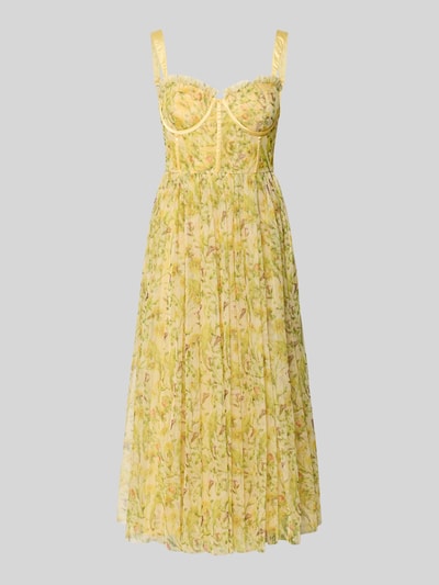 Produktfoto, Cocktailkleid aus Tüll von LACE & BEADS in Gelb mit floralen Mustern, A-Linie, Midikleid, zart strukturierte Optik