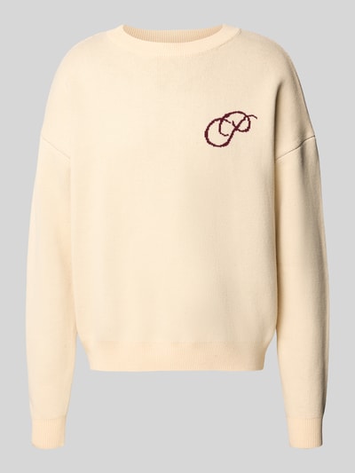 Produktfoto, Relaxed Fit Strickpullover aus reiner Baumwolle van PROHIBITED in crème met labelstitching, ribboorden, Heren, puur katoen, relaxed fit, ruglengte maat M 64 cm, mouwlengte maat M 59 cm