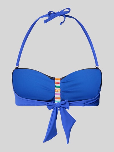 Produktfoto, Bikini-Oberteil mit Zierbesatz Modell 'Zino' von Banana Moon in Blau, elastischer Material-Mix, bunte Details, Schleife vorn