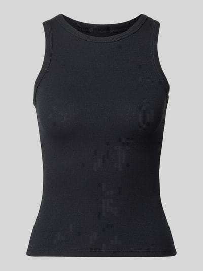 Produktfoto, schwarzes Tanktop mit Feinripp von REVIEW aus Baumwoll-Elasthan-Mix, körpernahe Passform, sichtbare feine Rippenstruktur.