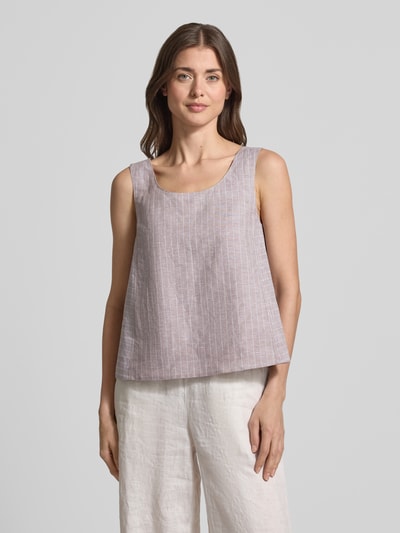 Frauenmodel trägt Blusentop aus Leinen-Mix mit breiten Trägern von MM by Max Mara, hellgrau mit feinen Streifen, Rundhalsausschnitt, Loose Fit, Obermaterial mit Baumwoll-Anteil, Vorderansicht Oberkörper