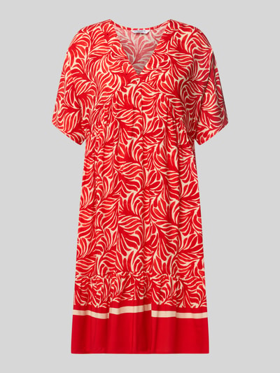 Produktfoto, knielang dames jurk van zuiver viscose model 'Me44la' van ZABAIONE, A-lijn, all-over look, V-hals, rood-crème, gladde stof