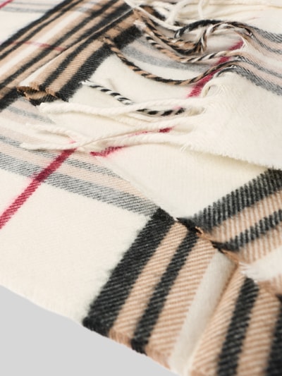 Produktfoto, Schal mit Kordel-Abschluss Modell 'Karo' von FRAAS in gewebter Optik, rechteckige Form, Karo-Muster in Beige, Weiß, Schwarz und Rot, weiche Textur, Maße 29 x 164 cm