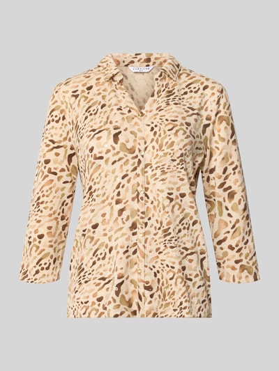 Produktfoto, Regular Fit Bluse mit V-Ausschnitt Modell 'Heather' von ZABAIONE, Jersey-Optik, beige-braunes Animalmuster, 3/4-Arm, Umlegekragen, durchgehende Knopfleiste, strukturierte Textur, Rückenlänge 61 cm, Ärmellänge 45 cm