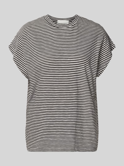 Produktfoto, Loose Fit T-Shirt aus reiner Baumwolle von Armedangels, Damen T-Shirt in Two-Tone-Optik mit Streifen-Muster, Label-Patch, Logo-Stitching, Rundhals-Ausschnitt, ärmellose Ärmelform, Jersey-Material, reine Baumwolle.