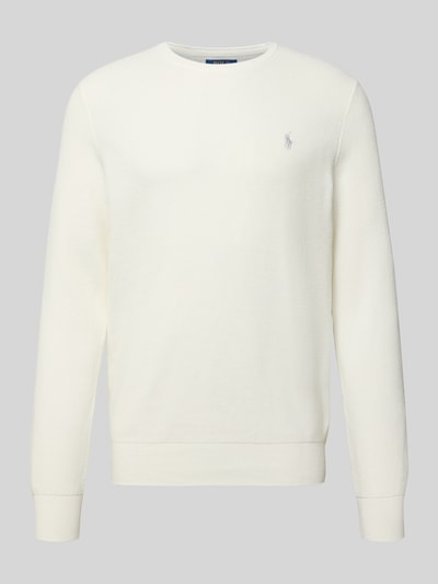 Produktfoto, Strickpullover mit Label-Stitching von Polo Ralph Lauren, bawełna, regular fit, białe żebrowane wykończenia, okrągły dekolt.
