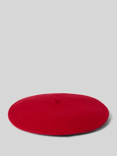 Produktfoto, Béret aus reiner Wolle von Loevenich, unifarbenes Design in Rot, glatte wollige Textur, sichtbarer Zipfel, Damen Béret