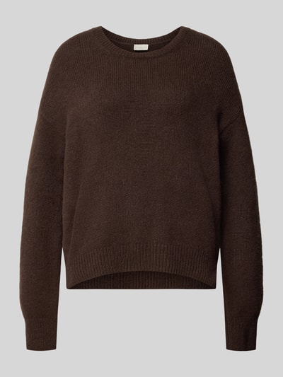 Produktfoto, Oversized Fit Strickpullover mit Rundhalsausschnitt von Milano Italy in dunklem Braun, elastischer Material-Mix, Strick-Optik, gerippte Abschlüsse, langärmliges Design, überschnittene Schultern