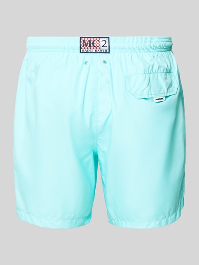 Produktfoto, Badehose mit Logo-Print Modell 'Lighting Pantone' von MC2 Saint Barth in Hellblau mit Logo-Patch, Geschenkbox, glatte Struktur