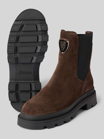 Produktfoto, Stiefeletten mit Label-Applikation Modell 'KIMMEL' von Blauer USA, brauner Leder-Textil-Mix, schwarze Sohle, strukturierte Oberfläche