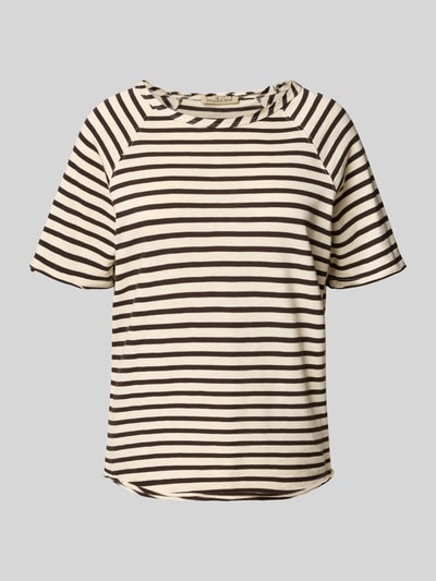Produktfoto, Regular Fit T-Shirt mit Rundhalsausschnitt von Smith and Soul, Damen T-Shirt aus Reine Baumwolle mit Rollsaum, gestreiftes Muster in Beige und Schwarz, Rückenlänge bei Größe S: 55 cm, glatte Struktur