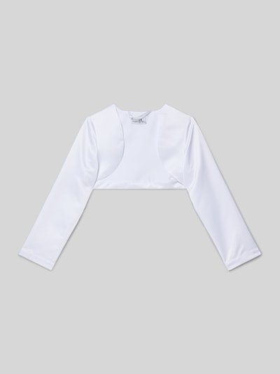 Produktfoto, Bolero aus Satin mit offener Vorderseite von Happy Girls w kolorze białym, krótki fason, otwarty przód, gładka tekstura.