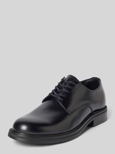 Produktfoto, schwarze glatte Oberfläche, klassische Form, dezente Nähte, Produktname: Schnürschuhe aus echtem Rindsleder Modell 'BOBBY' von Selected, Herren Schnürschuhe