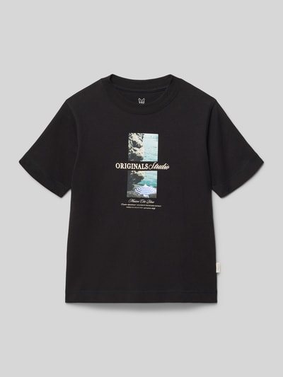Productfoto, zwart T-shirt met motief- en statement-print model 'NORREBRO' van Jack & Jones, katoenmix, regular fit, ronde hals