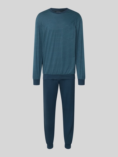 Produktfoto, Regular Fit Pyjama-Set aus reiner Baumwolle von SCHIESSER, blaues Oberteil mit Muster, unifarbene Hose, Rundhalsausschnitt, elastische Abschlüsse