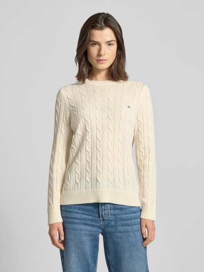 Gant Strickpullover mit Zopfmuster und Label-Stitching Offwhite 4