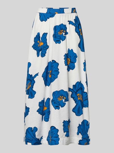 Produktfoto, Midi-Rock aus reinem Leinen von Tommy Hilfiger mit blauem Allover-Blumenmuster, elastischer Bund, Fransen am Saum, seitliche Eingrifftaschen, ausgestellte Passform, unifarbene weiße Basis, hochwertige Leinenstruktur