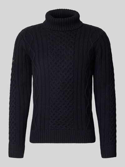 Produktfoto, Rollkragenpullover mit Zopfmuster von Superdry, dunkelblau, Slim Fit, Material-Mix mit Leinen-Anteil, strukturierte Oberfläche