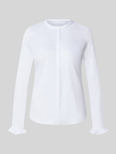 Produktfoto, Bluse mit Mao-Kragen und Rüschenärmeln Modell 'Mattie' von MOS MOSH im Straight Fit, Baumwoll-Mix, weiße Farbe, glatte Textur.