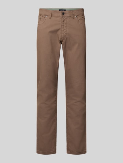 Produktfoto, Straight Fit Hose mit Strukturmuster von Christian Berg Men z bawełny w brązowym kolorze, 5 kieszeni, zapięcie na guzik i zamek błyskawiczny, szerokość w rozmiarze 32/32: 34 cm, długość wewnętrzna nogawki w rozmiarze 32/32: 80 cm