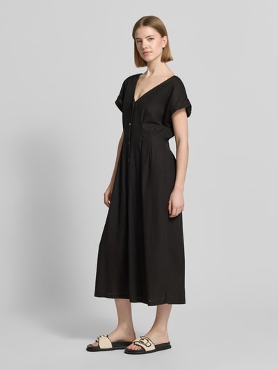 ICHI Midikleid aus Leinen-Viskose-Mix mit V-Ausschnitt Black 1