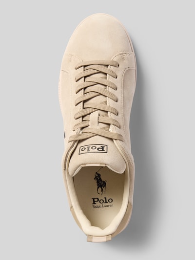 Productfoto, sneakers van leermix van Polo Ralph Lauren in beige met glad oppervlak, monochroom, detailopname bovenaanzicht, heren