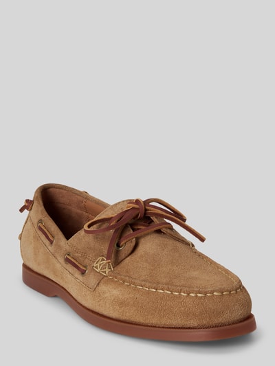 Produktfoto, Loafer aus echtem Rindsvelours von Polo Ralph Lauren, beżowy, unifarben, skórzany wygląd, okrągły nosek, blokowy obcas, tłoczone logo, sznurowane, podeszwa ze strukturą, wykonanie z welurowej skóry