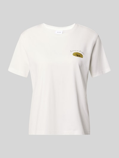 Produktfoto, Damen T-Shirt mit Print und Rundhalsausschnitt Modell 'SYBILLA CHOCO' von Vila aus Reine Baumwolle im Regular-Fit, cremefarben.