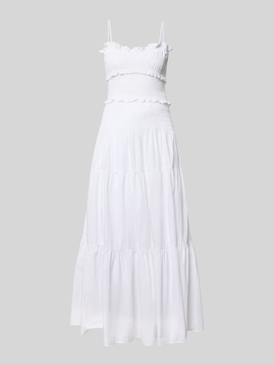 Produktfoto, weißes Midikleid mit Rüschen und Volantsaum von MICHAEL Michael Kors aus Reine Baumwolle, taillierter Schnitt, Spaghettiträger, Karree-Ausschnitt, Smok-Detail, Rückenlänge 120 cm, Brustweite 32 cm.