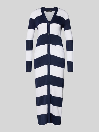 Produktfoto, Długi kardigan z listwą guzikową Longcardigan mit Knopfleiste von Lauren Ralph Lauren, mieszanka bawełny i wiskozy, taliowany krój, prążkowany dekolt w serek, wpuszczane kieszenie, długość tyłu 125 cm, długość rękawów 62 cm, szerokie granatowe i białe pasy, gładka tekstura.