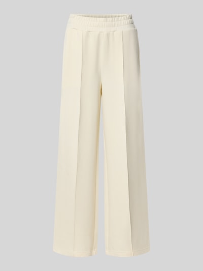 Productfoto, Wide Leg Sweatpant uit Viscosemix van Varley, Dames sweatpants met stretch, wide leg, persplooien, elastische band, zij-steekzakken, binnenbeenlengte maat S 78 cm, effen lichtbeige, gladde textuur
