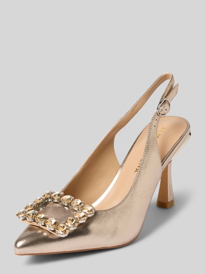 Produktfoto, Pumps aus echtem Leder mit Ziersteinbesatz von ALMA EN PENA w kolorze metalicznego złota, spiczysty krój, obszycie ozdobnymi kamieniami, odkryta pięta, wysokość obcasa w rozmiarze 40: 10 cm, wysokość cholewki w rozmiarze 40: 7 cm, szerokość w rozmiarze 40: 5 cm