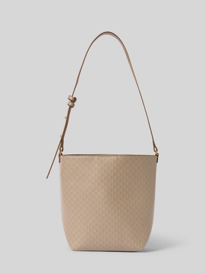 Produktfoto, Bucket Bag in Leder-Optik von CK Calvin Klein, beige mit Allover-Logo-Print, verstellbarer Schulterriemen, Logo-Prägung, Hauptfach mit Magnetverschluss, herausnehmbare Innentasche mit Reißverschluss, Maße: 27x25x12 cm, Länge Schulterriemen: 50 cm