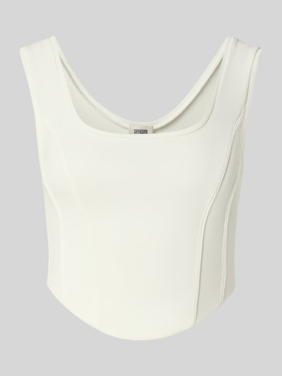 Produktfoto, Crop Top mit Rundhalsausschnitt Modell 'AGAPA' von Drykorn, biały, krótki fason, materiał z domieszką stretchu, długość tyłu w rozmiarze S: 22 cm