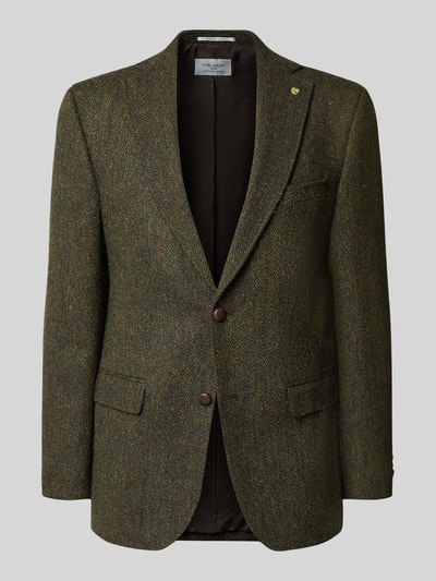 Produktfoto, Slim Fit 2-Knopf-Sakko mit Pattentaschen Modell 'Theo' von Carl Gross aus reiner wełny dziewiczej, krój slim fit, klapy z wyłogami, kieszenie z patkami, długość pleców w rozmiarze 50: 75 cm, szerokość ramion w rozmiarze 50: 44 cm, długość rękawa w rozmiarze 50: 66 cm, zielony melanż, jodełka, gładka faktura