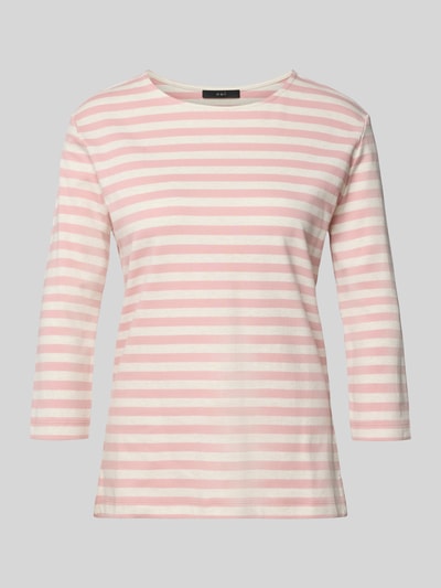Produktfoto, T-Shirt mit Rundhalsausschnitt und 3/4-Arm von Oui, różowo-białe paski, bawełna, krój regular fit, długość tyłu 61 cm w rozmiarze 36