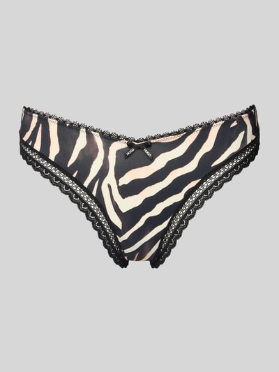 Produktfoto, String mit Spitzenbesatz von HUGO in Two-Tone-Optik mit Zebrastreifen und Logo-Schleife als Applikation auf der Vorderseite.