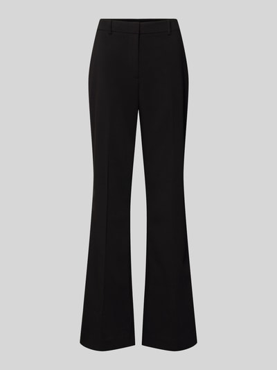 Produktfoto, Flared Fit Hose mit Viskose-Anteil von MYON in Schwarz, glatte Textur, Bügelfalten, elastischer Material-Mix, neutraler Hintergrund