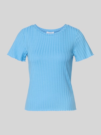 Produktfoto, T-Shirt aus Viskose-Mix in Ripp-Optik von Rich & Royal w kolorze niebieskim, damski t-shirt, krój slim fit, z dodatkiem streczu, efekt prążkowania, okrągły dekolt, długość tyłu w rozmiarze S: 51 cm
