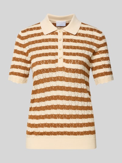 Produktfoto, Strickshirt mit Polokragen und Knopfleiste von Jake*s Collection, beige-braune Streifen, Slim Fit, 1/2-Arm, feine Textur