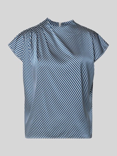 Produktfoto, Regular Fit Bluse mit Drapierungen von Zero, blau-weiß gestreift, Stehkragen, Material-Mix mit Stretch-Anteil, Rückenlänge 56 cm.