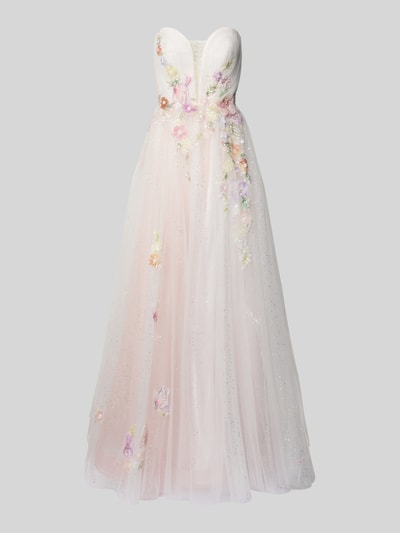 Produktfoto, Maxikleid im Off-Shoulder-Look mit Perlen und Pailletten von Unique aus Tüll in A-Linie, zarte Pastelltöne, schimmernde Pailletten, Rückenlänge bei Größe 36: 133 cm, Brustweite bei Größe 36: 40 cm.